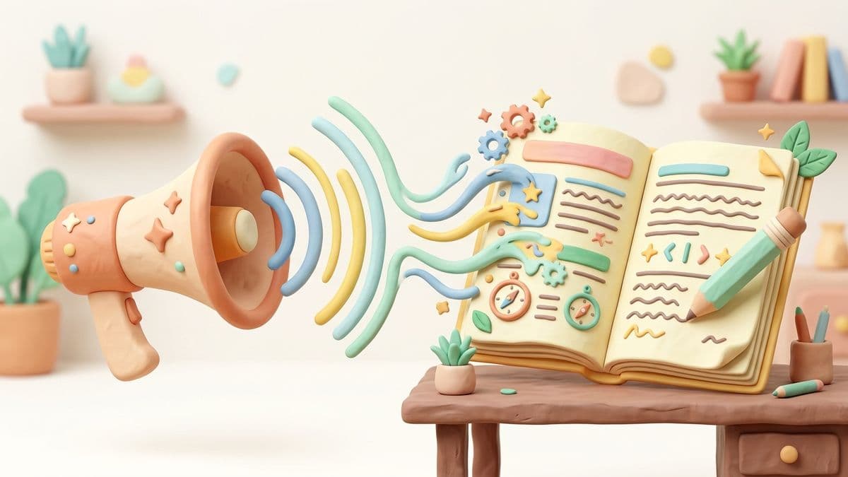 Clay megaphone sending sound waves into a clay article being written, representing brand voice transfer