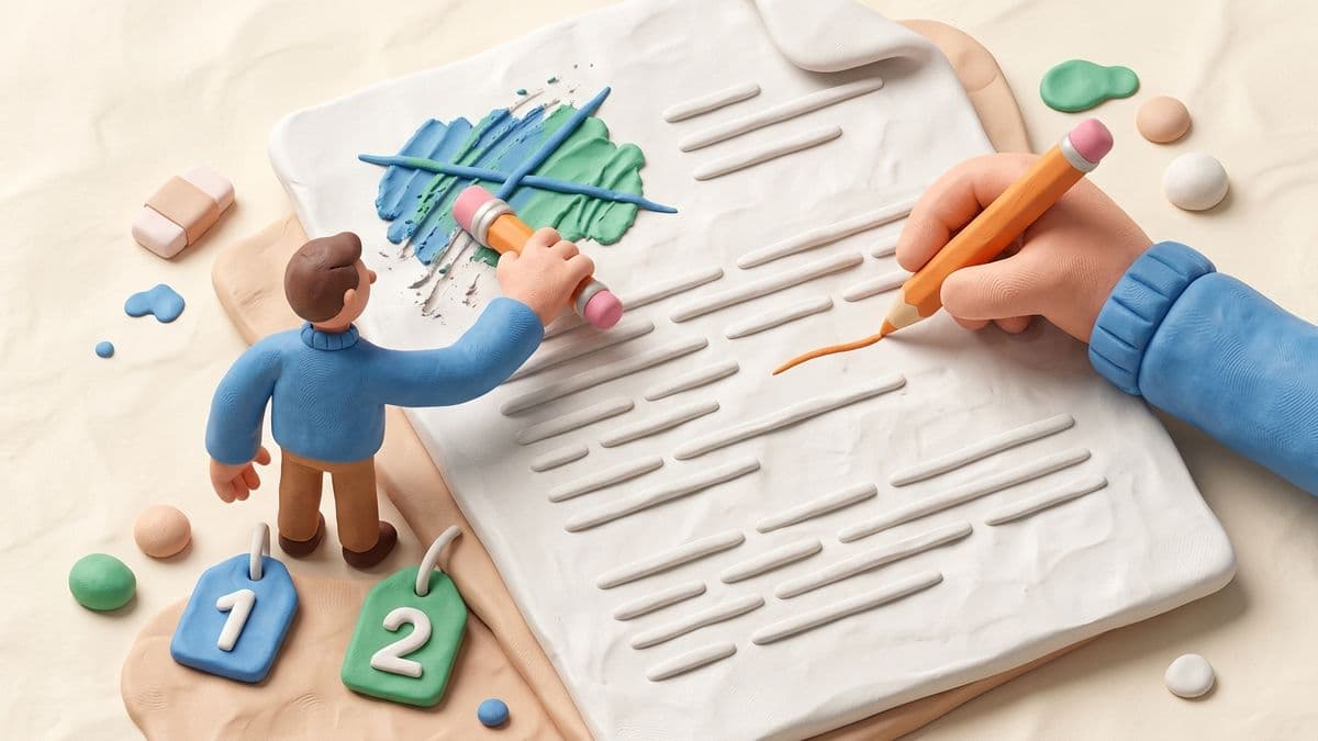 Clay article with a small clay pencil making adjustments — erasing one section, refining another, with revision 1 and revision 2 labels on two small clay tags