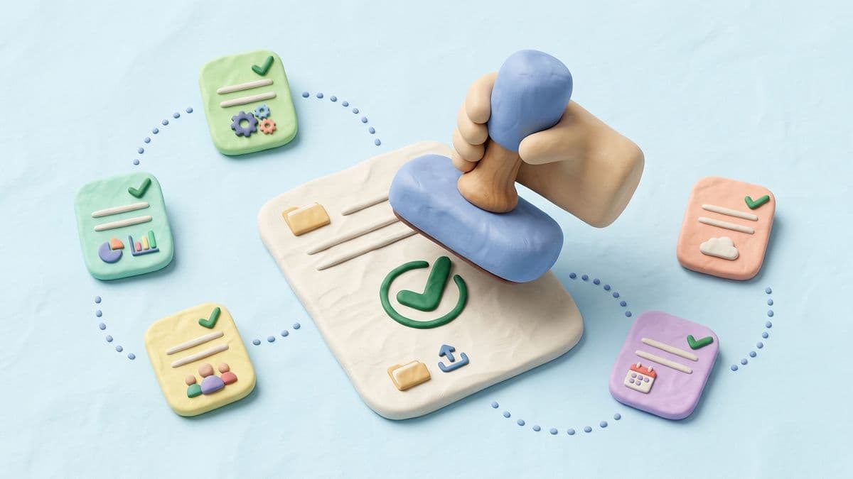 Clay stamp coming down on a clay document leaving a checkmark imprint, with small clay fact cards each bearing a green check