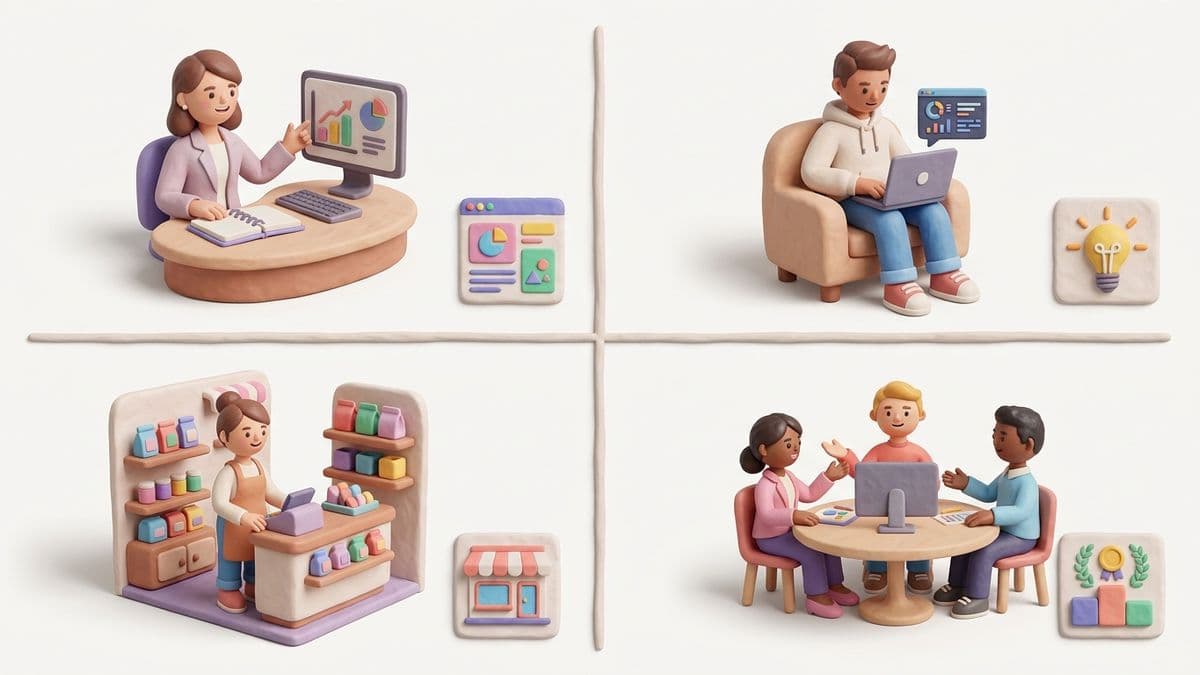 Four small clay character vignettes arranged in a grid showing a marketer, startup founder, small business owner, and agency team