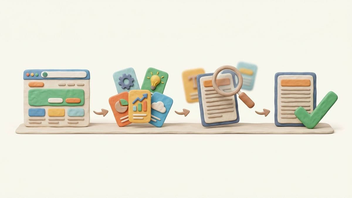 Four clay steps in a horizontal flow showing website URL, topic cards, article with magnifying glass, and article with checkmark