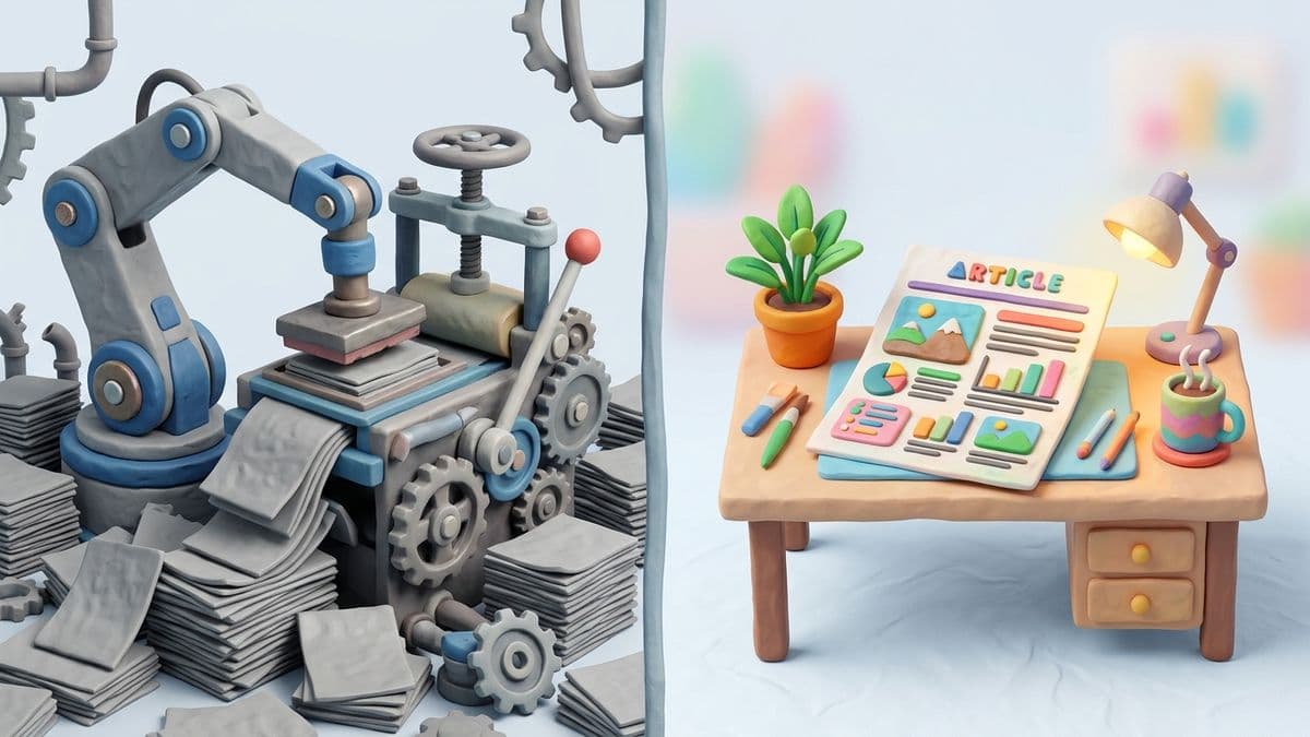 Clay split scene — left side: a clay robot arm stamping out identical gray pages from a press. Right side: a clay desk with a single colorful, detailed article and a small clay plant.