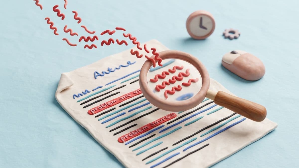Clay magnifying glass hovering over a clay article, with specific words highlighted in red being extracted and floating away from the page.