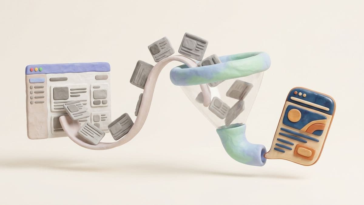 Clay website on the left, with a clay funnel in the middle processing it, and a distinct branded clay article emerging on the right.