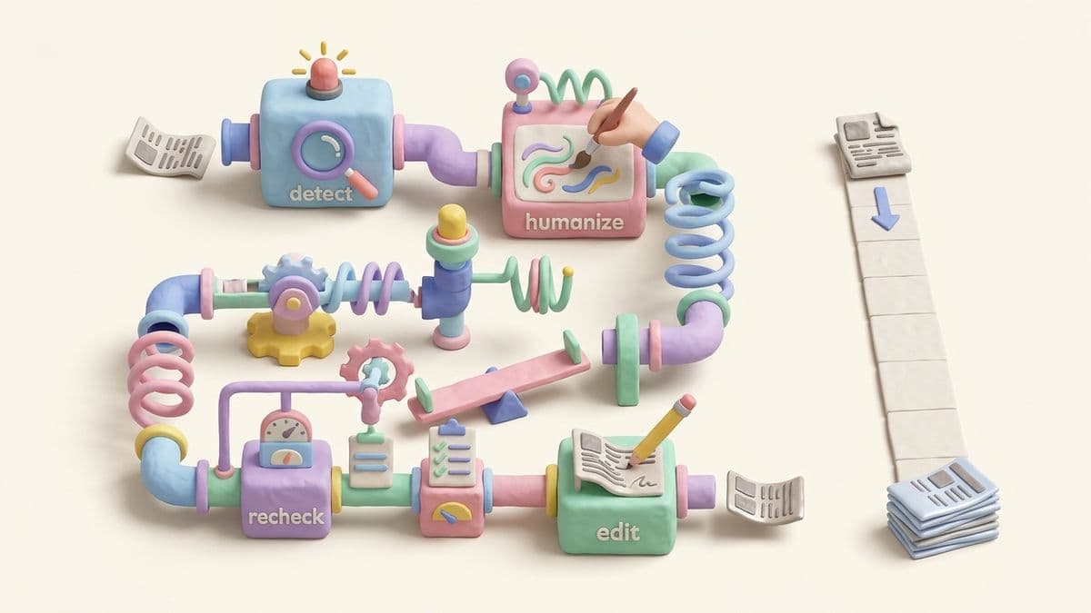 Clay Rube Goldberg machine — an article goes through an unnecessarily complex series of steps, ending up still looking generic. Next to it, a simple straight path from Heywrite to a clean, finished article.