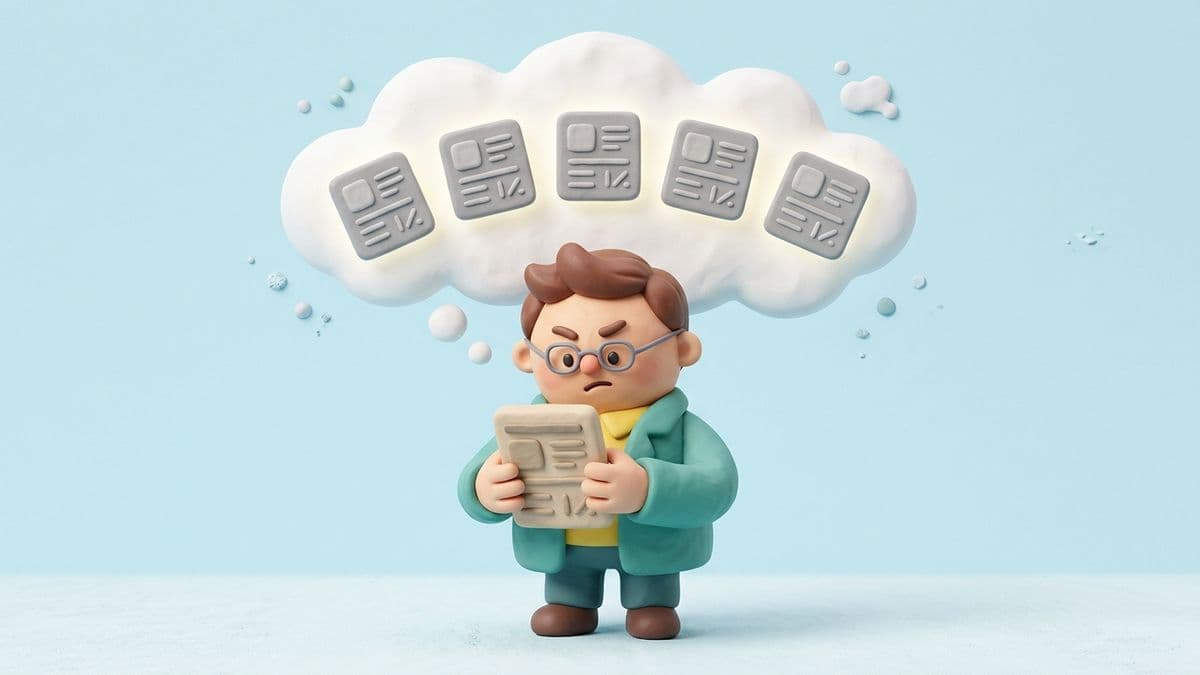 Clay reader character holding up a clay article and squinting at it with a confused expression. A thought bubble shows the same article text they've already seen on other websites.