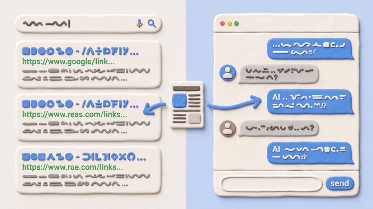 Clay split scene with a traditional Google search results page on the left and a clay AI chat interface on the right, with a single clay article being referenced by both
