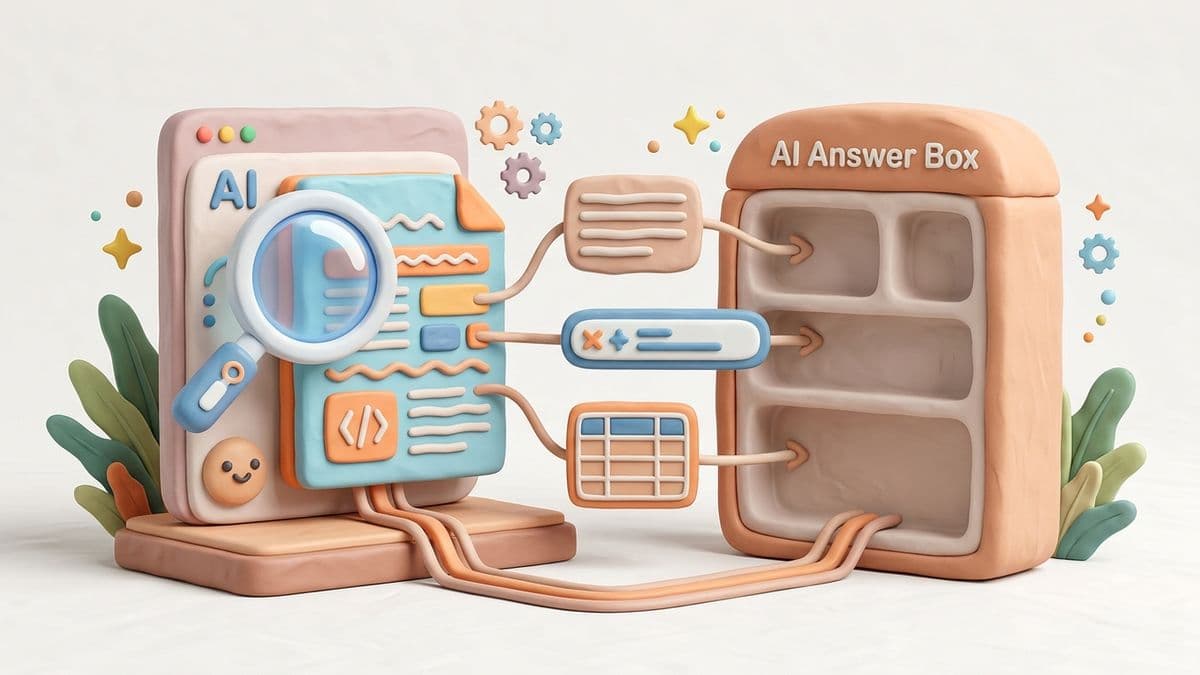 Clay AI interface with a magnifying glass scanning a clay article, pulling out a direct answer paragraph, a clean header, and a small table into the AI answer box