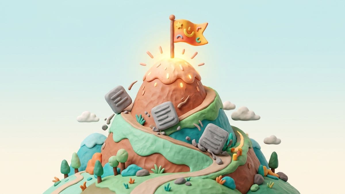 Clay mountain landscape with a clay blog post and flag planted at the summit, glowing, while generic gray clay posts slide down the slopes