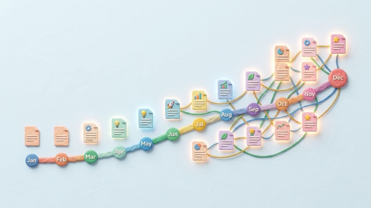 Clay timeline showing articles being published over months with links forming between them, growing more connected and brighter over time