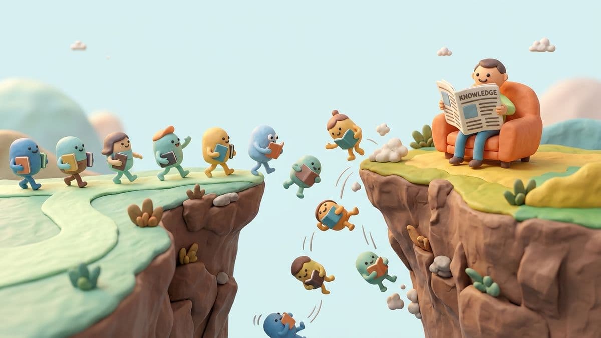 Clay cliff edge with small clay reader characters walking toward the edge and falling off, while one reader has stopped, sat down in a clay chair, and is reading a clay article comfortably