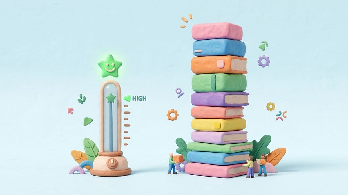 Clay stack of articles growing taller — each article is distinct and colorful, not a pile of identical gray pages. A small clay quality meter next to the stack stays at the same high level.