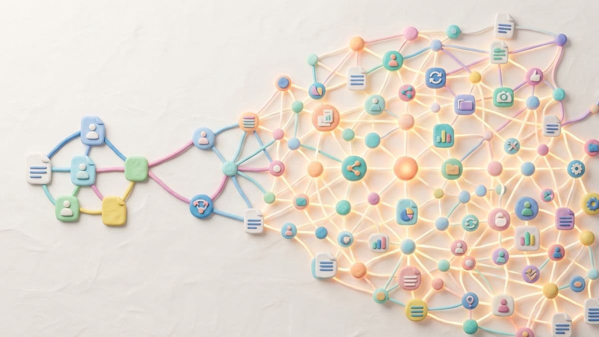 Clay network that grows over time — starts as a few connected pages, grows into a rich interconnected web that glows brighter as more connections form.