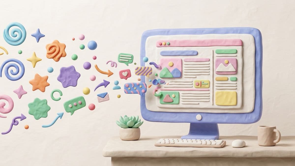 Clay computer screen showing a blog post with brand elements flowing into the screen and becoming part of the article