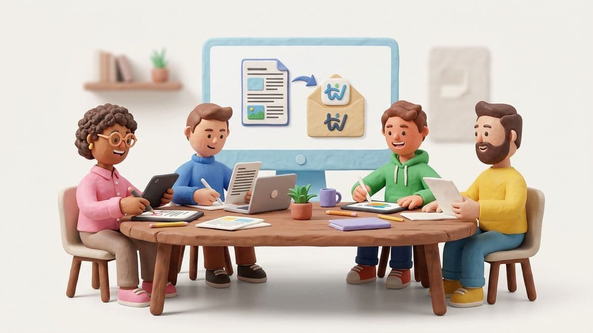 Clay team of characters around a table, each working on a distinct article, with a Heywrite logo on the screen behind them