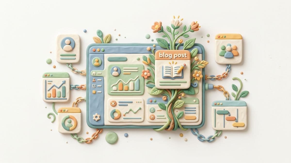 Clay SaaS dashboard screen with a blog post growing out of it organically, connected by small clay links to product feature pages around it