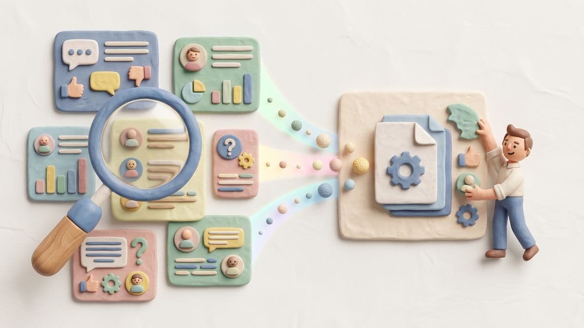 Clay magnifying glass scanning over clay forum posts, discussion threads, and publication pages flowing into a clay article